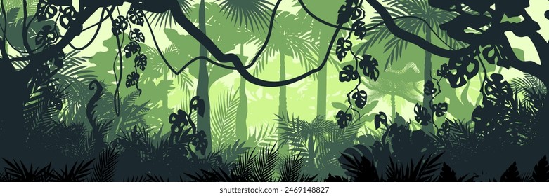 Jungle landscape. Layered background with rainforest. Parallax effect. Horizontal green panoramic backdrop with lianas, palms, trees and bushes.