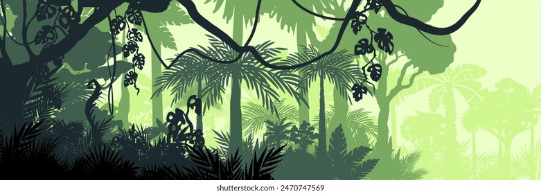 Jungle landscape. Layered background with rainforest. Parallax effect. Horizontal green panoramic backdrop with lianas, palms, trees and bushes.