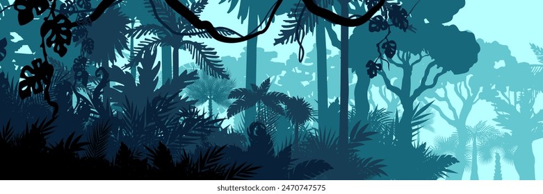 Paisaje selvático. Fondo en capas con selva tropical. Efecto de paralaje. Horizontal fondo panorámico azul con lianas, palmeras, árboles y arbustos.