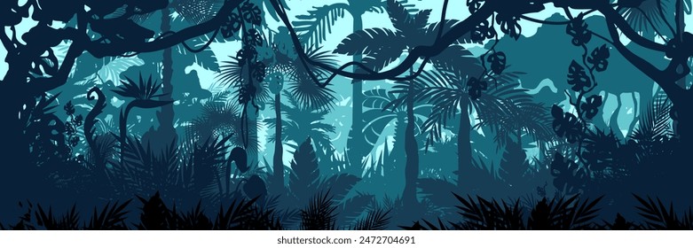 Jungle landscape. Layered background with rainforest. Parallax effect. Horizontal blue panoramic backdrop with lianas, palms, trees and bushes.