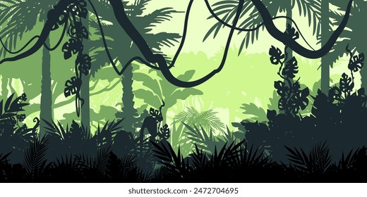 Jungle landscape. Layered background with rainforest. Parallax effect. Horizontal green backdrop with lianas, palms, trees and bushes.