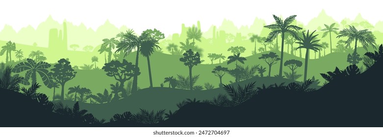 Jungle landscape. Layered background with rainforest. Parallax effect. Horizontal green panoramic backdrop with mountains, hills, palms, trees and bushes.