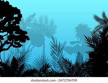 Paisaje selvático. Fondo en capas con selva tropical. Efecto de paralaje. Horizontal fondo panorámico azul con lianas, palmeras, árboles y arbustos.