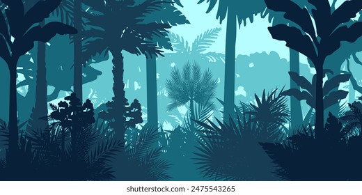 Jungle landscape. Layered background with rainforest. Parallax effect. Horizontal blue backdrop with palms, trees and bushes.