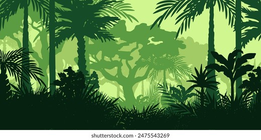 Jungle landscape. Layered background with rainforest. Parallax effect. Horizontal green backdrop with palms, trees and bushes.