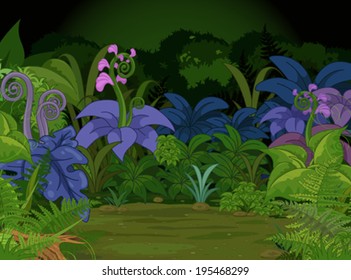 Jungle landscape with many different plants and flowers