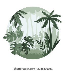 Jungle landscape in mist. Tropical rainforest in geometric round shape design vector illustration