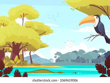 Jungle landscape with monkey on tree, crocodile in river, flock of birds in sky cartoon vector illustration