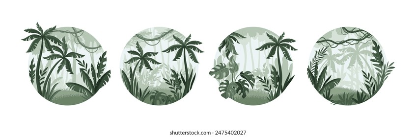 Jungle Landscape with Palm Trees in Mist in Round Shape Vector Set
