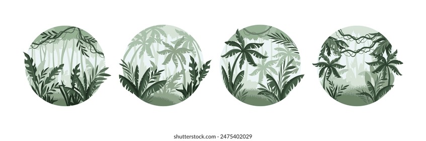 Jungle Landscape with Palm Trees in Mist in Round Shape Vector Set