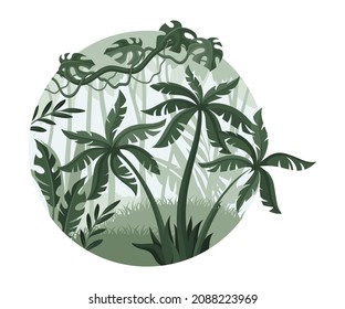 Jungle landscape with palm trees and plants. Monochrome rainforest scenery in geometric round shape design vector illustration