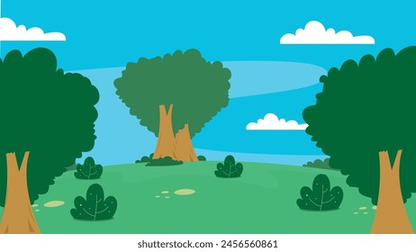 Jungle landscape. Panorama with tropical plants, lianas and tree trunk with falling sunlight on green grass on ground