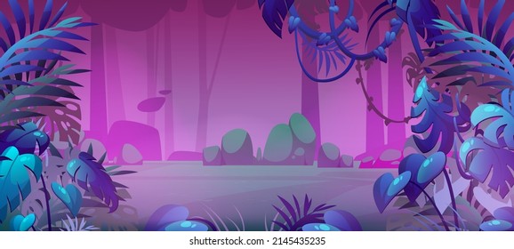 Jungle landscape with plant leaves, trees and bushes at night. Vector cartoon illustration of dark tropical forest with exotic plants, palm leaves and green grass on glade