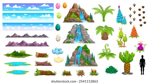 Jungle, landscape and prehistoric dinosaur era environment game asset. Cartoon vector mountains, waterfalls, clouds and pools, plants, ferns, dinosaur footprints, colorful eggs and human silhouette