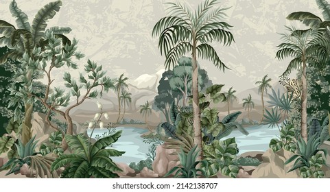 Jungle landscape with river and palms. Interior print mural - Shutterstock ID 2142138707