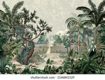 Jungle landscape with river and palms. Interior print mural