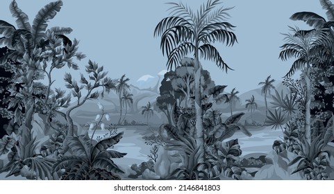 Jungle landscape with river and palms. Interior print mural