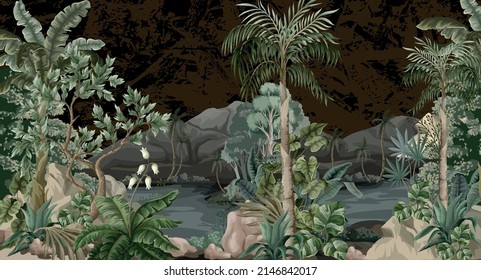 Jungle landscape with river and palms. Interior print mural