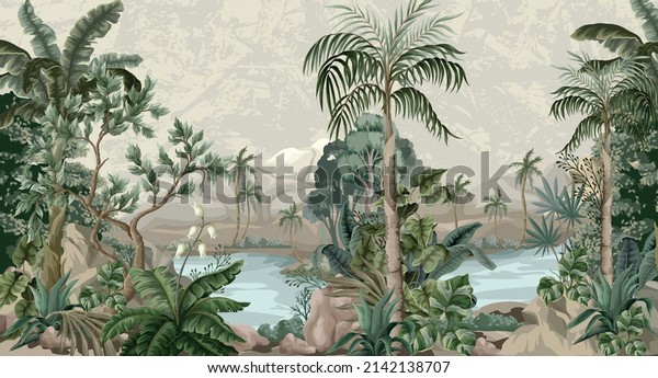 Jungle landscape with river and palms. Interior\
print mural