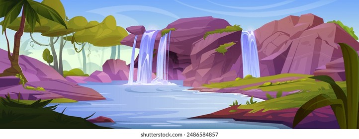 Dschungellandschaft mit felsigen Klippen Bergen und Wasserfall. Cartoon Vektorgrafik Regenwaldlandschaft mit fallendem Wasser im Fluss, grünen Bäumen und Büschen, blauer Sonnenhimmel. In: Tropical Natural Scene.