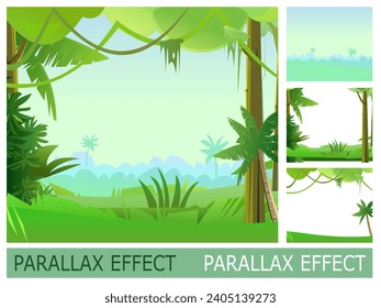 Jungle landscape. Set of slides for parallax effect. Funny cartoon style. Picture vector
