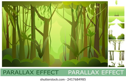 Jungle landscape. Set of slides for parallax effect. Funny cartoon style. Picture vector