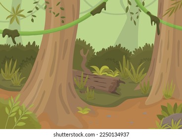 Jungle landscape with trees and lianas. Vector colorful cartoon background. Illustration for kids.