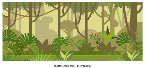 Jungle landscape with trees and plants vector illustration. Tropical forest background. Jungle and nature concept. For websites, wallpapers, posters or banners. - Shutterstock ID 1159181839