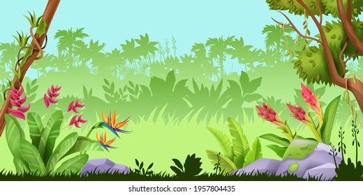 Jungle landscape, tropical rainforest nature game background, wood palm silhouette, stone, exotic flowers. Wildlife Amazon environment green banner, liana, grass. Jungle landscape paradise Brazil view