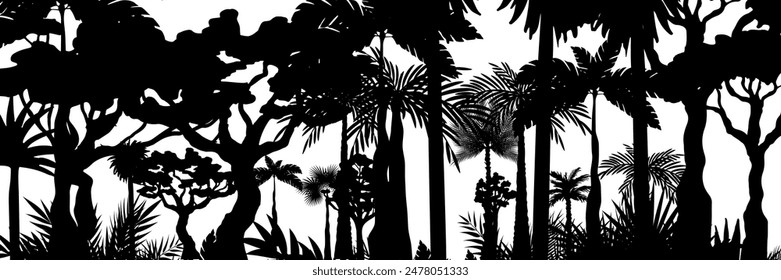 Jungle landscape. Vector background with silhouette of rainforest. Horizontal black panoramic border with palms, trees and bushes.