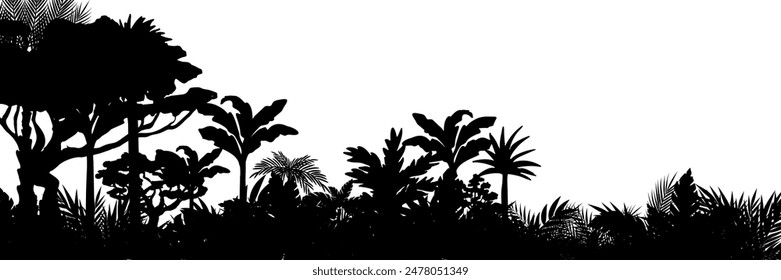 Jungle landscape. Vector background with silhouette of rainforest. Horizontal black panoramic border with palms, trees and bushes.