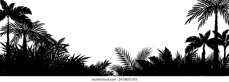 Jungle landscape. Vector background with silhouette of rainforest. Horizontal black panoramic border with palms, trees and bushes.