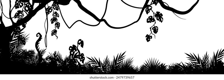 Paisaje selvático. Fondo de Vector con silueta de selva tropical. Horizontal borde panorámico negro con lianas, palmeras, árboles y arbustos.