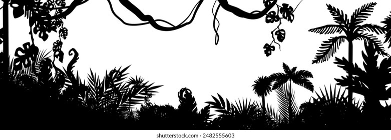 Paisaje selvático. Fondo de Vector con silueta de selva tropical. Horizontal borde panorámico negro con lianas, palmeras, árboles y arbustos.