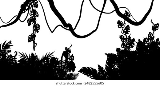 Paisaje selvático. Fondo de Vector con silueta de selva tropical. Horizontal borde panorámico negro con lianas, palmeras, árboles y arbustos.