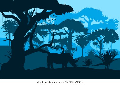 jungle landscape, vector,silhouette , trees , Rhino