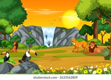Jungle landscape with wild animals. Exotic trees and leaves, palms with bird. Exotic jungle vector scene.