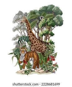 Jungle landscape with wild animals for kids. Vector