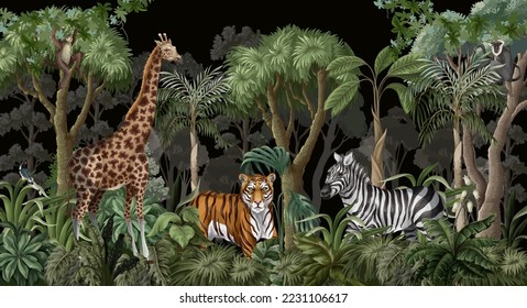 El paisaje de la jungla con animales salvajes para los niños. Vector