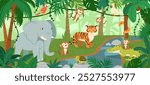 Jungle landscape with wild animals. Tropical rainforest background with savanna mammals. Exotic trees and leaves, palms with bird. Exotic jungle vector scene.