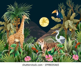 Jungle landscape with wild animals. Vector