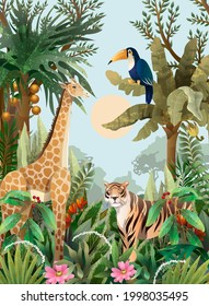 Jungle landscape with wild animals. Vector