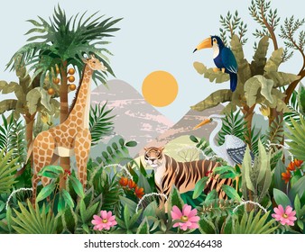 El paisaje de la jungla con animales salvajes. Vector