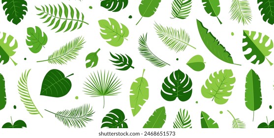 Jungle leaf seamless pattern, palm tropic background, summer cute plant and tree bg, cartoon abstract hawaii forest, exotic banana ornament, tropical floral print. Foliage repeat vector illustration