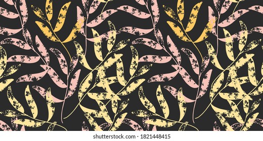 Jungle leafs Seamless pattern with black bacground. Exotic design for fashion, print and textille. 