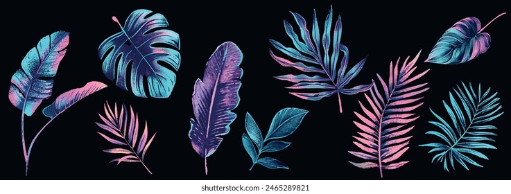 Jungle leaves. Cartoon different tropical plants. Palm, banana, monstera. Colorful Botanical gradient foliage elements. Summer paradise exotic leaf. Floral elements. Vector cartoon illustration