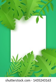 Jungle leaves in cut paper style with white sheet on green background. Seasonal vertical poster template. Exotic tropical jung lefoliage palm monstera leaves lying in the corner. Vector border frame