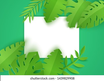 Jungle leaves in cut paper style with white sheet on green background. Seasonal horizontal poster template. Exotic tropical jung lefoliage palm monstera leaves lying in the corner. Vector border frame