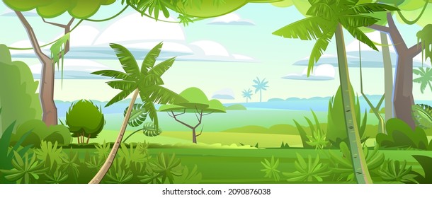 Hojas de la jungla. Espesor denso. Vista del panorama tropical del bosque. El paisaje rural del sur. Ilustración en diseño plano de estilo caricatura. Vector.