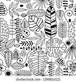 Jungle leaves fabric seamless pattern. Linear graphic. Tropical background. Scandinavian style. Vector illustration